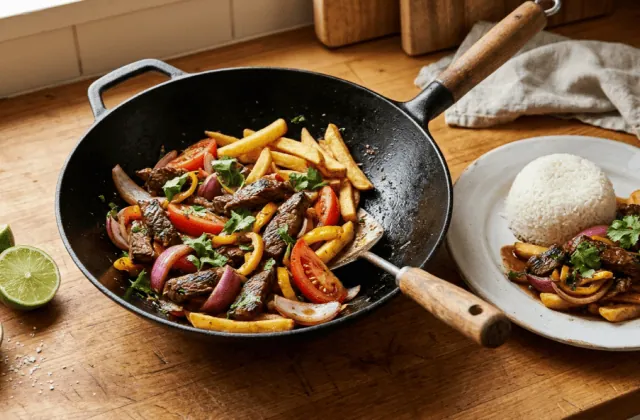 Lomo saltado péruvien dans un wok : bœuf saisi, oignon rouge, tomate, piment aji et frites, assiette avec riz blanc