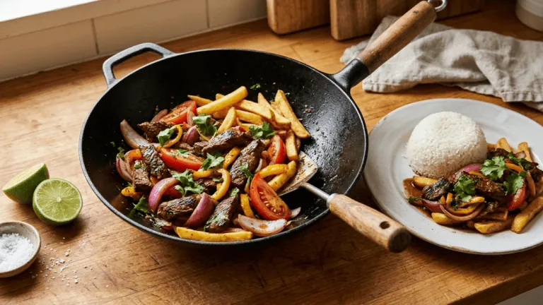 Lomo saltado péruvien dans un wok : bœuf saisi, oignon rouge, tomate, piment aji et frites, assiette avec riz blanc