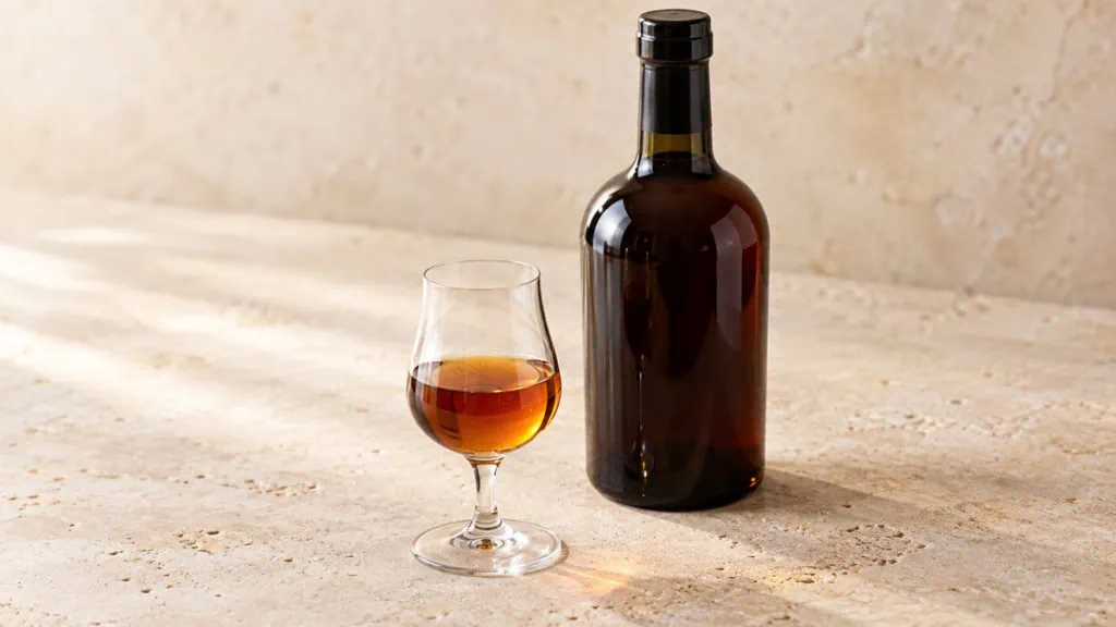 Vin de Madère ambré dans un verre avec une bouteille sombre