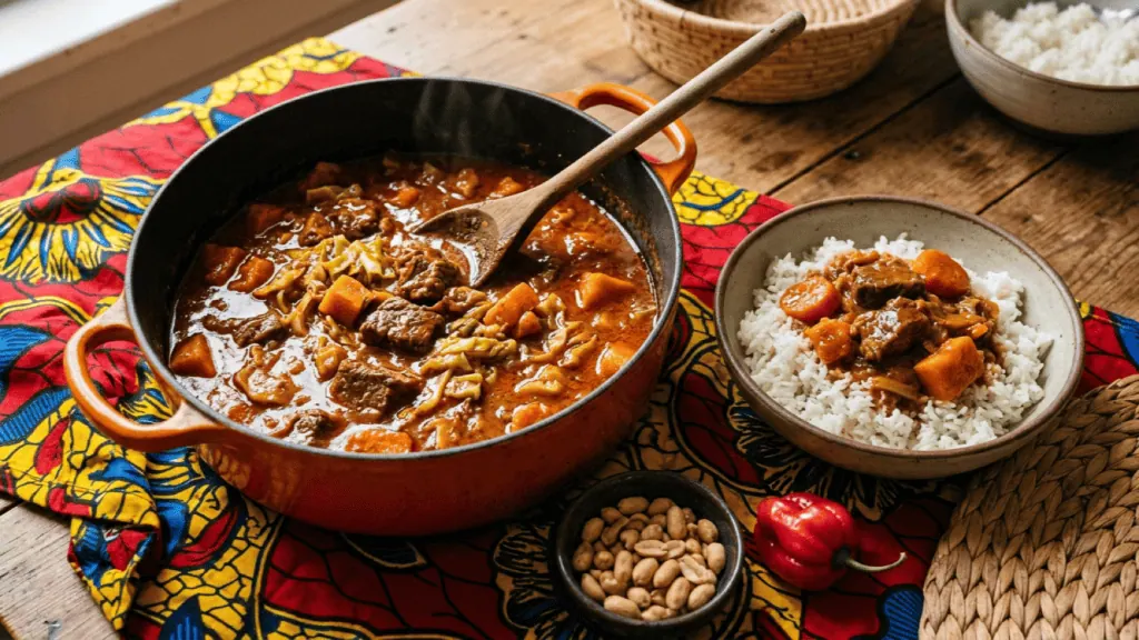 Mafé au bœuf en cocotte, sauce arachide-tomate, patate douce, carottes et chou, bol de riz blanc et cacahuètes