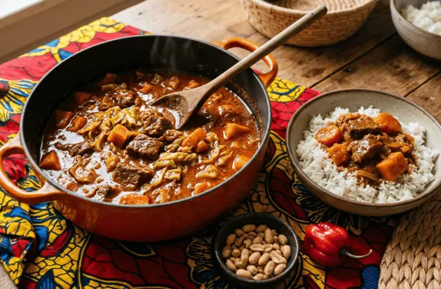 Mafé au bœuf en cocotte, sauce arachide-tomate, patate douce, carottes et chou, bol de riz blanc et cacahuètes