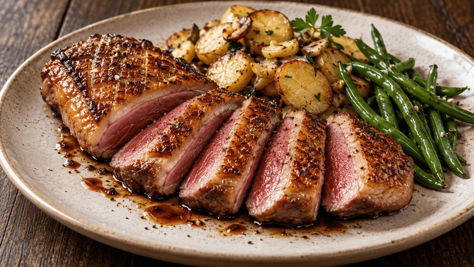 Magret de canard tranché rosé avec peau croustillante, pommes de terre sarladaises et haricots verts