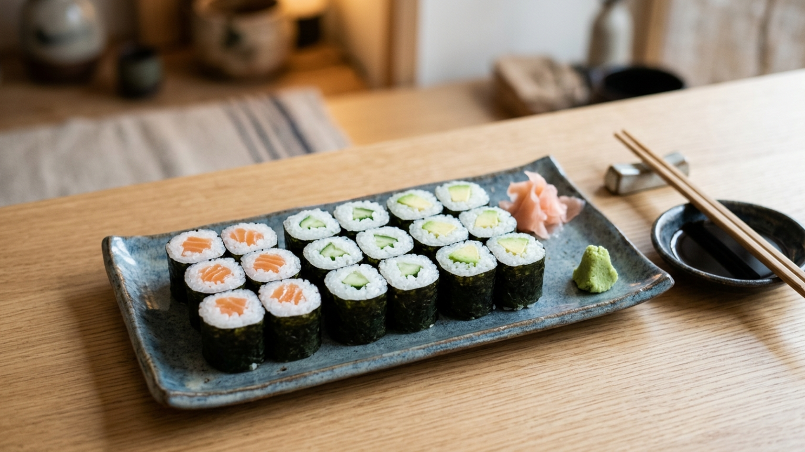 Assiette de makis (hosomaki) au saumon, au concombre et à l’avocat, gingembre mariné, wasabi et sauce soja