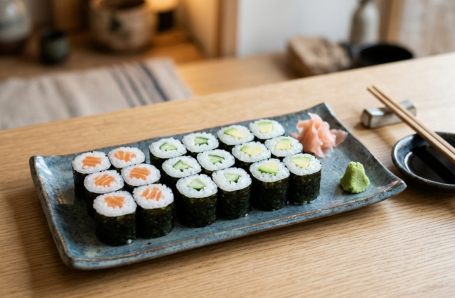 Assiette de makis (hosomaki) au saumon, au concombre et à l’avocat, gingembre mariné, wasabi et sauce soja