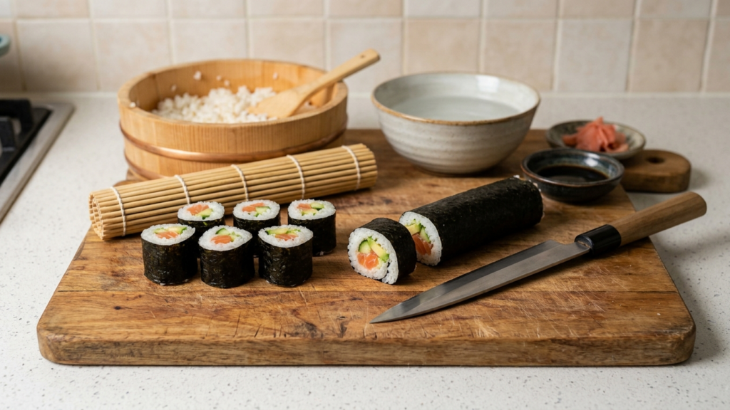 Makis maison tranchés sur la planche, natte de bambou, riz à sushi dans le hangiri et couteau