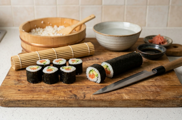 Makis maison tranchés sur la planche, natte de bambou, riz à sushi dans le hangiri et couteau