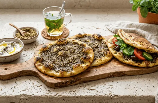 Manakish au zaatar sur une planche, galettes à l’huile d’olive et zaatar, l’une garnie de menthe, tomate et concombre, labneh