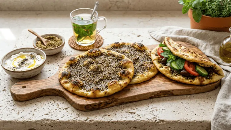 Manakish au zaatar sur une planche, galettes à l’huile d’olive et zaatar, l’une garnie de menthe, tomate et concombre, labneh