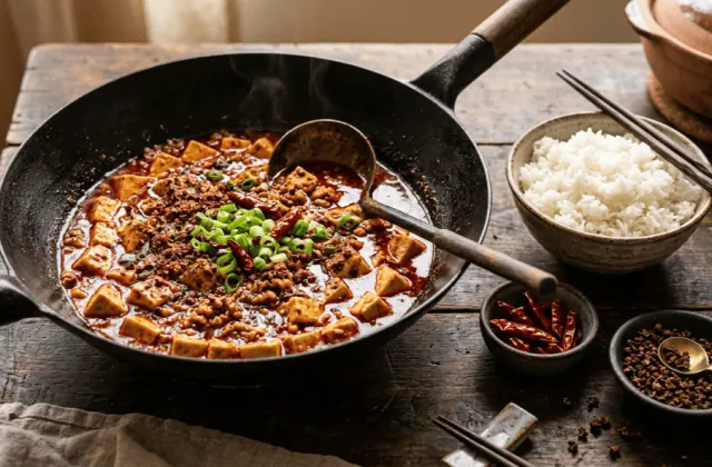 Mapo tofu du Sichuan dans un wok : tofu soyeux en sauce rouge pimentée au porc haché, poivre du Sichuan et ciboule, riz blanc