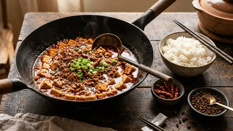 Mapo tofu du Sichuan dans un wok : tofu soyeux en sauce rouge pimentée au porc haché, poivre du Sichuan et ciboule, riz blanc