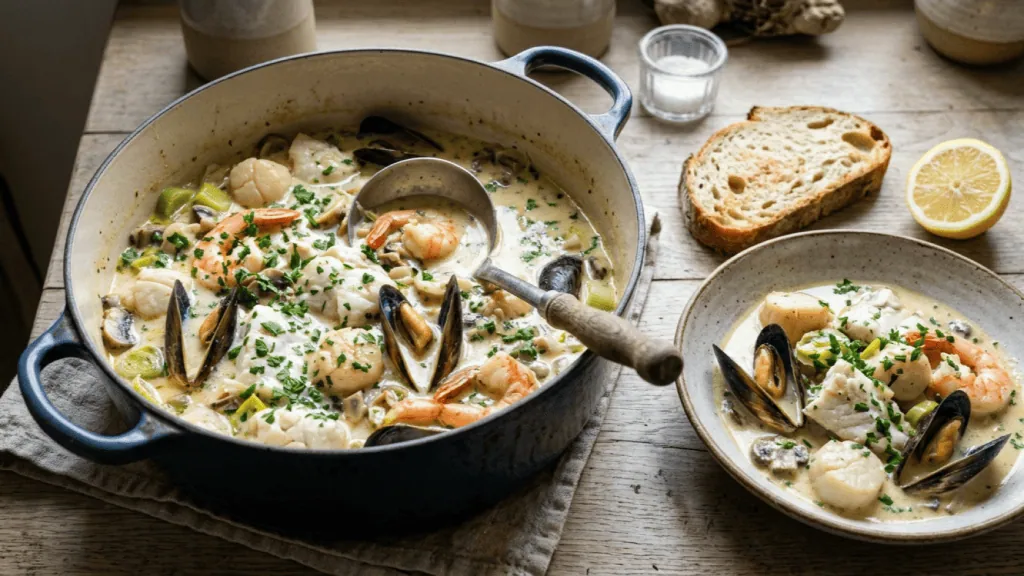 Marmite dieppoise en cocotte : poissons blancs, Saint-Jacques, moules et crevettes en sauce crème au cidre, assiette servie