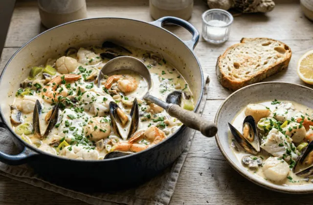 Marmite dieppoise en cocotte : poissons blancs, Saint-Jacques, moules et crevettes en sauce crème au cidre, assiette servie