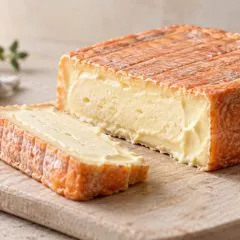 Maroilles carré à croûte orange, coupé et tranché