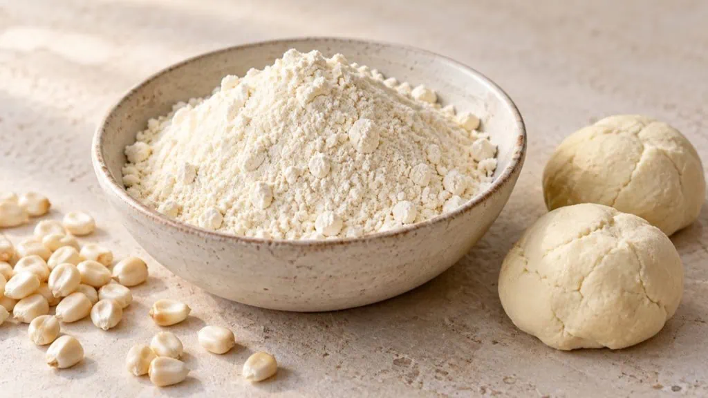 Masa harina avec grains de maïs blanc et boules de pâte