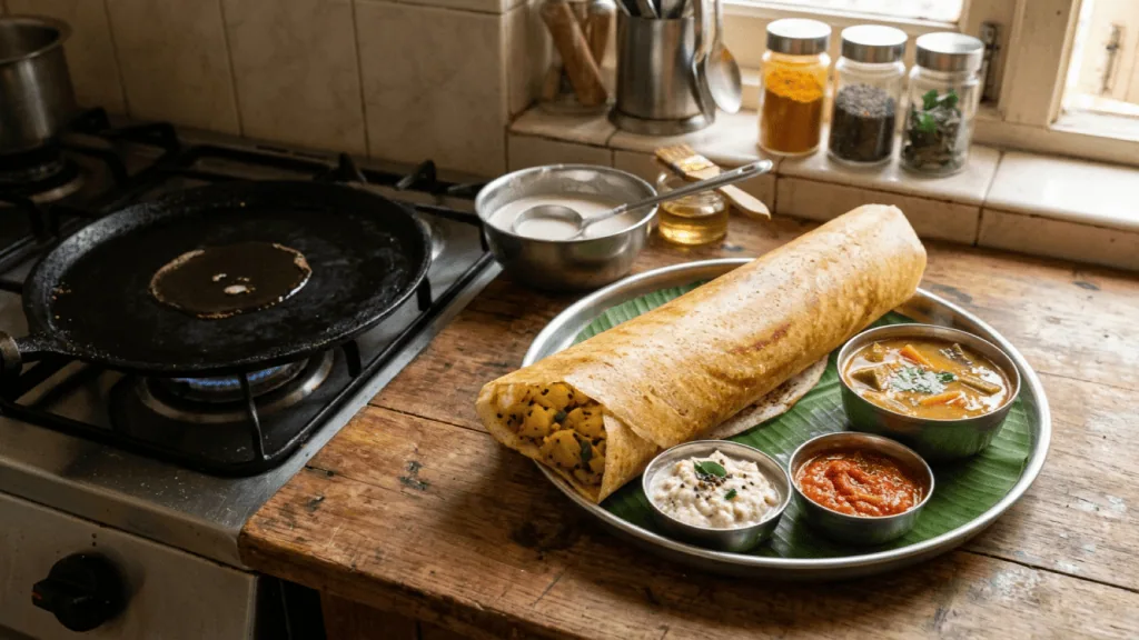 Masala dosa roulée sur feuille de bananier, farce de pommes de terre épicées, chutney de coco, chutney rouge et sambar, tawa à côté
