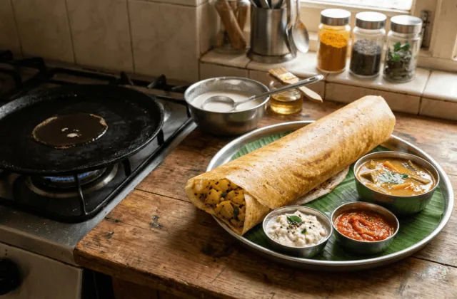 Masala dosa roulée sur feuille de bananier, farce de pommes de terre épicées, chutney de coco, chutney rouge et sambar, tawa à côté