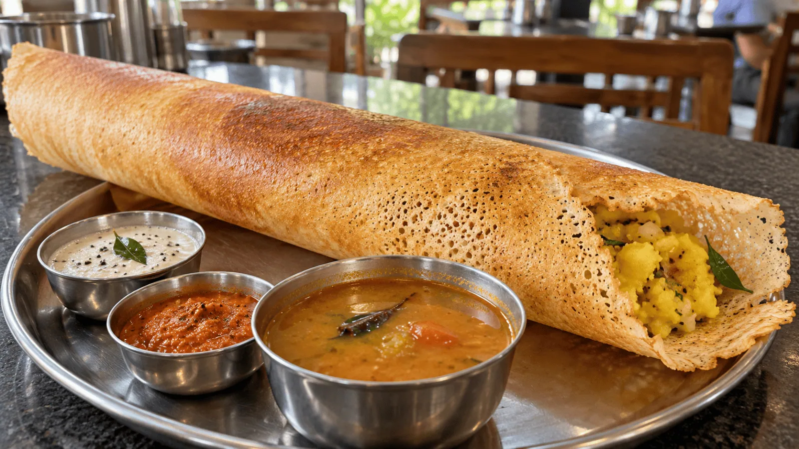 Masala dosa croustillant garni de pommes de terre, servi avec sambar et chutneys