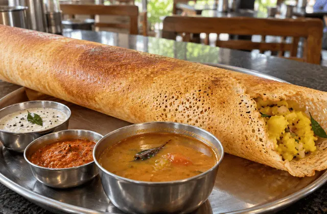 Masala dosa croustillant garni de pommes de terre, servi avec sambar et chutneys