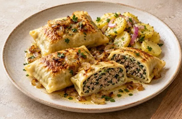 Maultaschen souabes poêlées aux oignons avec salade de pommes de terre