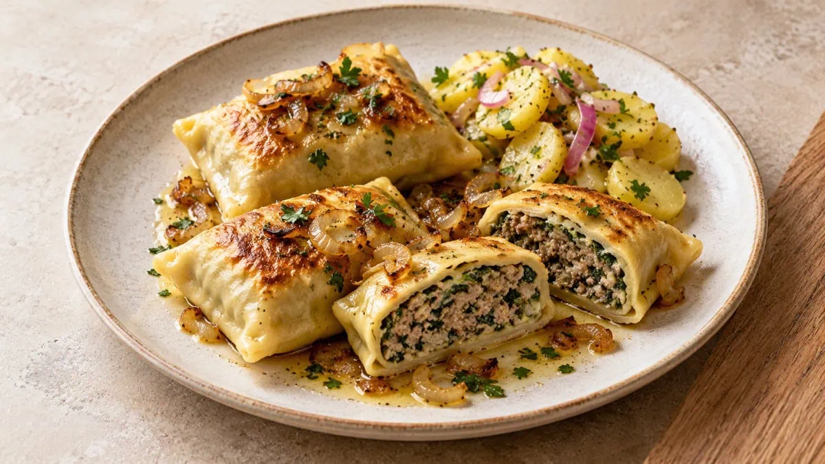 Maultaschen souabes poêlées aux oignons avec salade de pommes de terre