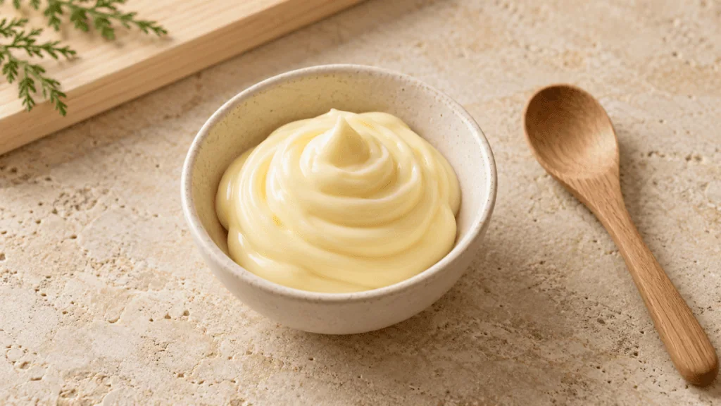 Mayonnaise japonaise épaisse dans un bol en céramique claire