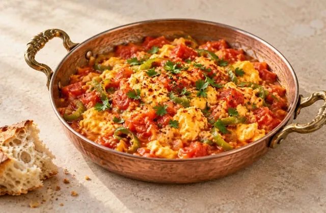 Menemen turc aux œufs crémeux, tomates et poivrons verts servi dans une poêle en cuivre