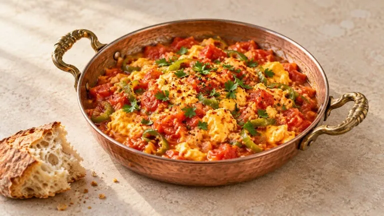 Menemen turc aux œufs crémeux, tomates et poivrons verts servi dans une poêle en cuivre