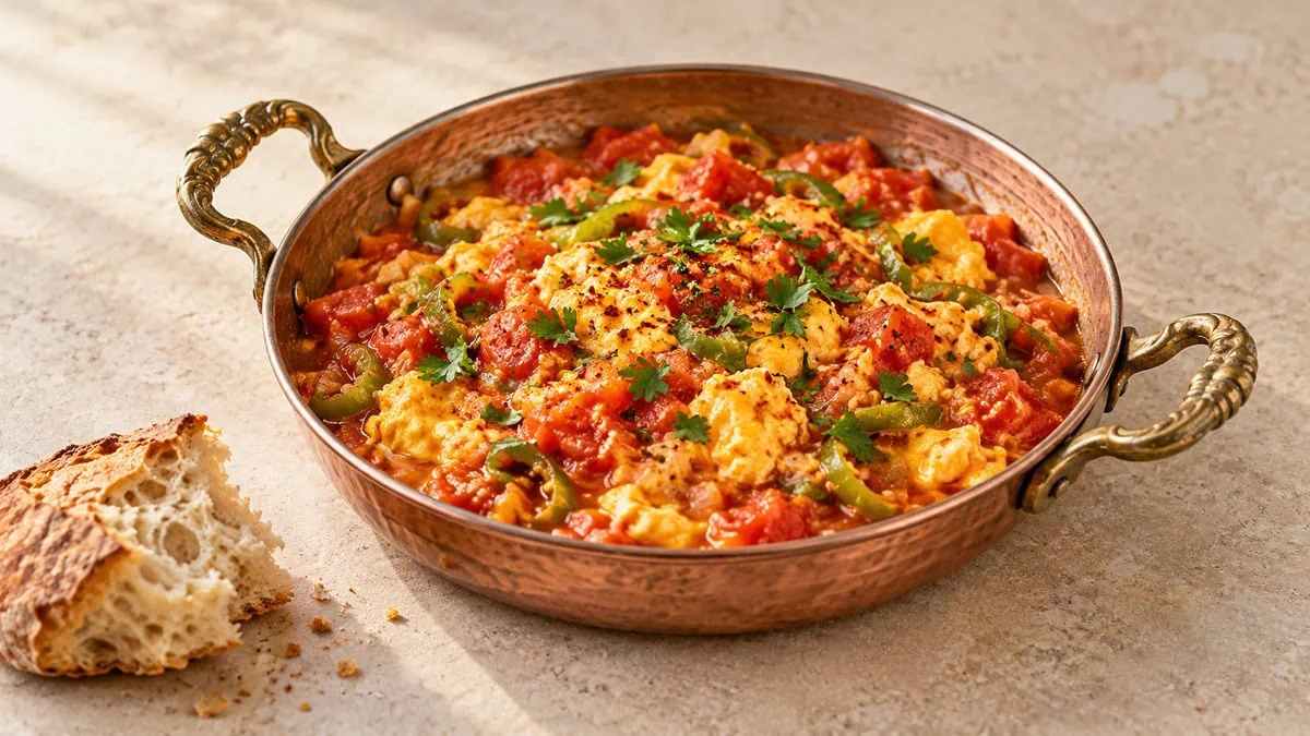 Menemen turc aux œufs crémeux, tomates et poivrons verts servi dans une poêle en cuivre