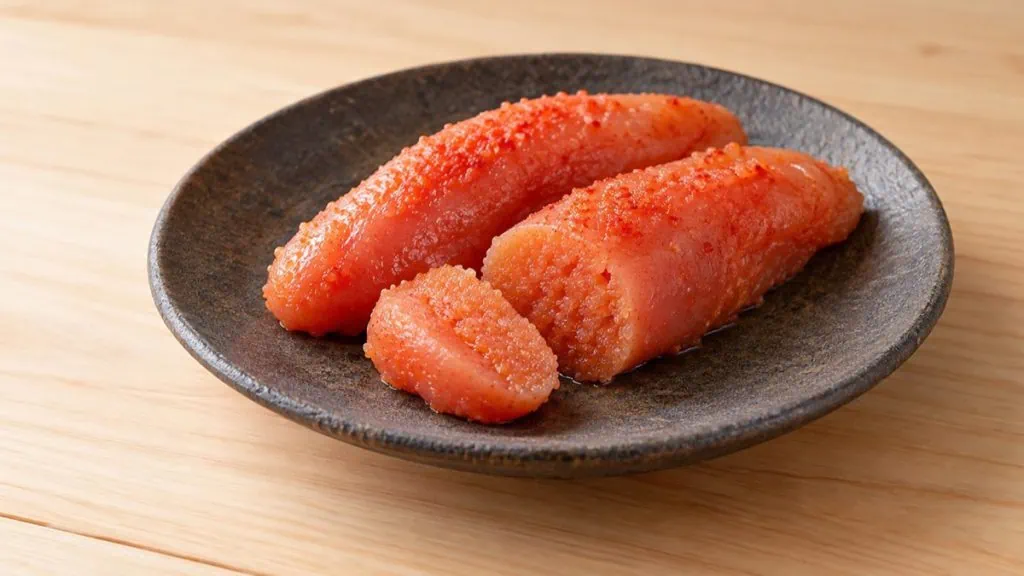 Poches d’œufs de poisson pimentés mentaiko sur une assiette japonaise