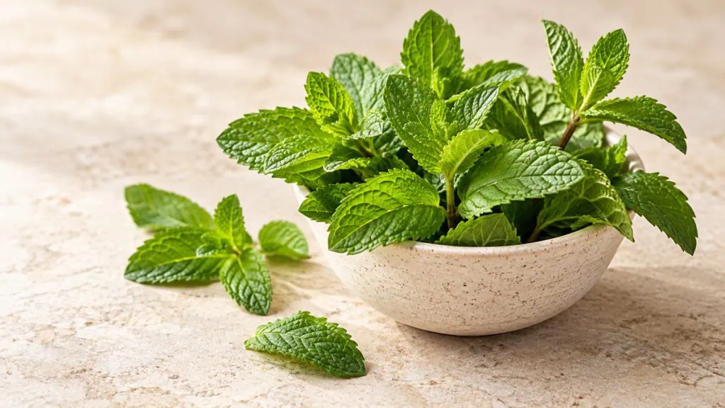 Feuilles et tiges de menthe fraîche dans un bol en grès clair