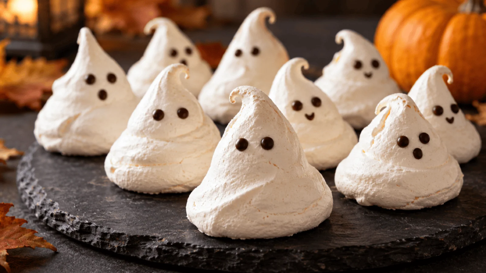Meringues fantômes blanches aux yeux en chocolat présentées sur une ardoise sombre