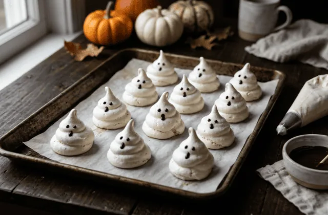 Meringues fantômes maison sur une plaque, yeux en chocolat, poche à douille et chocolat fondu