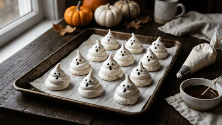 Meringues fantômes maison sur une plaque, yeux en chocolat, poche à douille et chocolat fondu