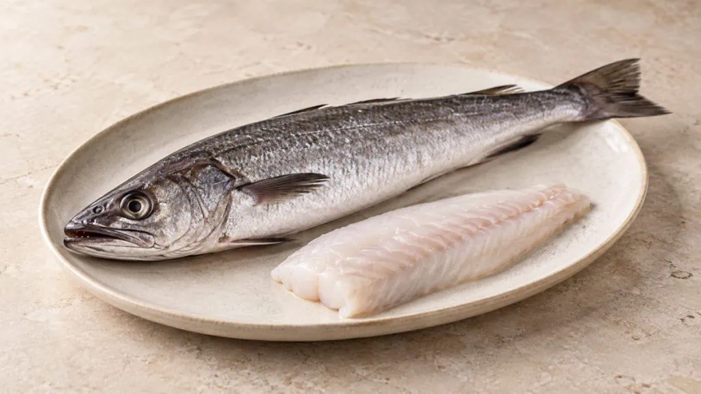 Merlu frais entier accompagné d’un filet blanc cru