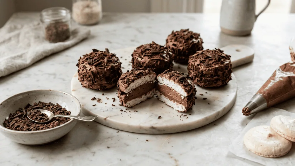 Merveilleux au chocolat roulés dans les copeaux, l’un coupé montrant meringue et crème chocolat, poche à douille