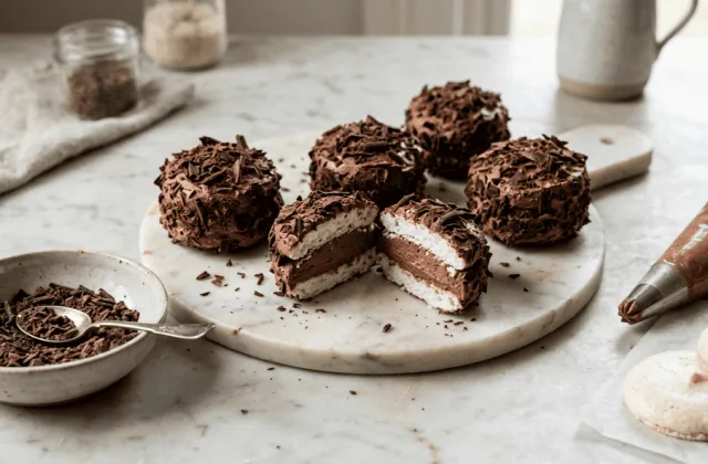 Merveilleux au chocolat roulés dans les copeaux, l’un coupé montrant meringue et crème chocolat, poche à douille