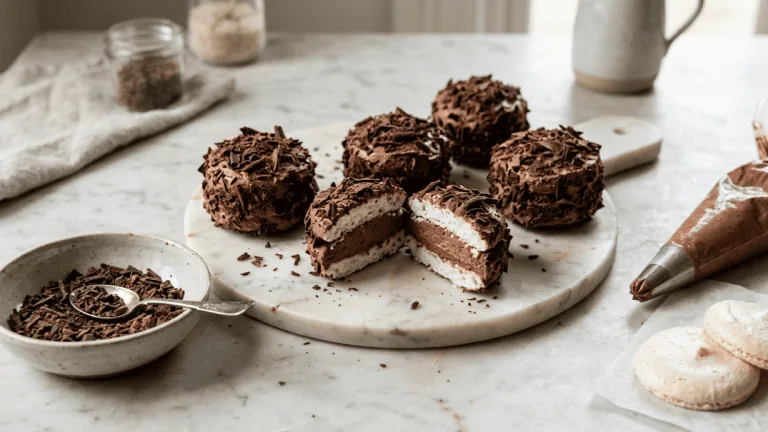Merveilleux au chocolat roulés dans les copeaux, l’un coupé montrant meringue et crème chocolat, poche à douille