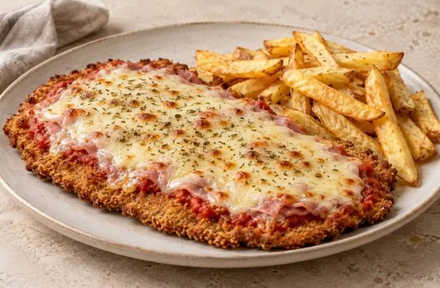 Milanesa napolitana argentine au jambon, mozzarella et frites maison
