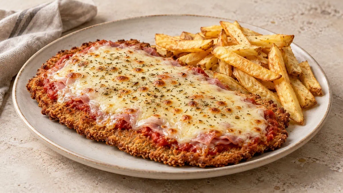 Milanesa napolitana argentine au jambon, mozzarella et frites maison