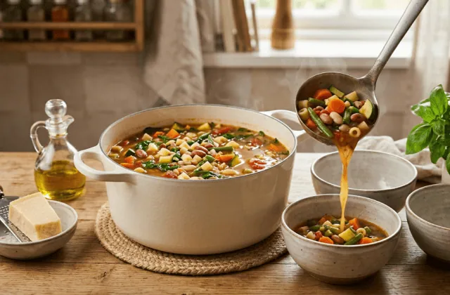 Minestrone maison servi à la louche depuis une grande cocotte dans des bols, avec basilic, parmesan et huile d’olive