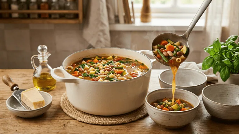 Minestrone maison servi à la louche depuis une grande cocotte dans des bols, avec basilic, parmesan et huile d’olive