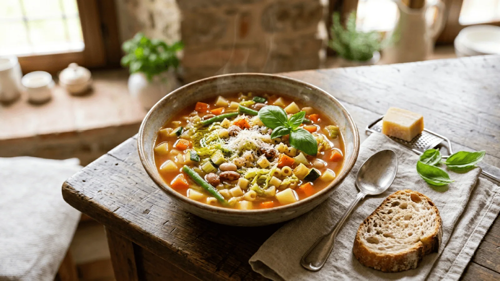 Bol de minestrone aux légumes colorés, haricots borlotti et cannellini, petites pâtes, parmesan, basilic et filet d’huile d’olive