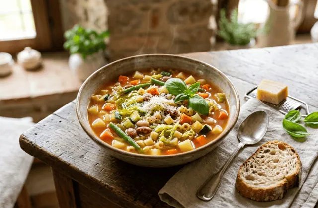 Bol de minestrone aux légumes colorés, haricots borlotti et cannellini, petites pâtes, parmesan, basilic et filet d’huile d’olive