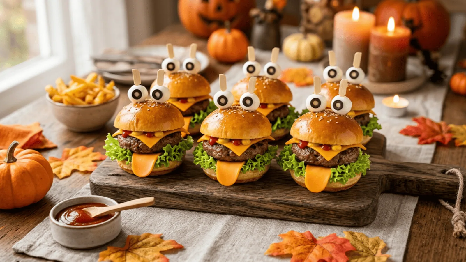 Mini-burgers monstres d’Halloween : pains briochés, steak, collerette de salade, langue de cheddar et yeux en mozzarella et olive sur piques