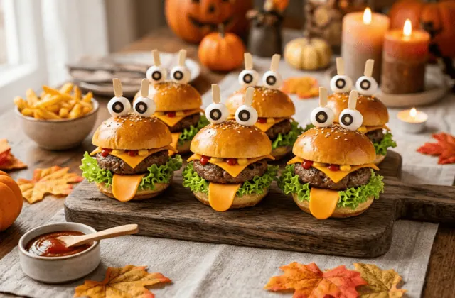 Mini-burgers monstres d’Halloween : pains briochés, steak, collerette de salade, langue de cheddar et yeux en mozzarella et olive sur piques