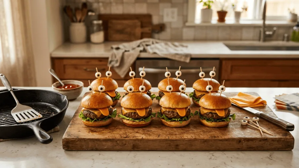 Huit mini-burgers monstres maison alignés sur une planche, poêle en fonte, ketchup et cheddar à côté