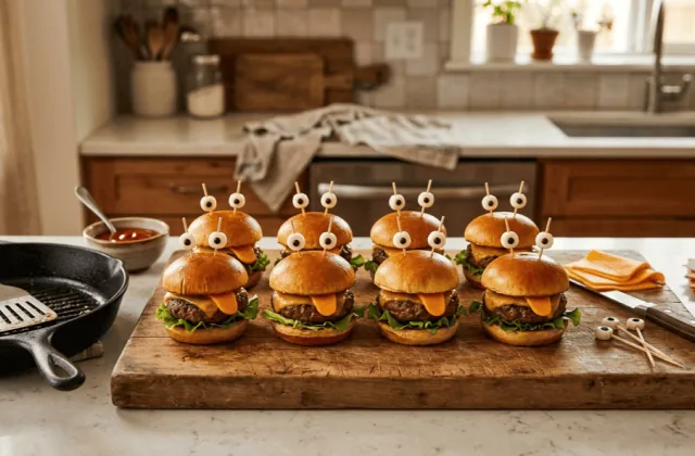 Huit mini-burgers monstres maison alignés sur une planche, poêle en fonte, ketchup et cheddar à côté