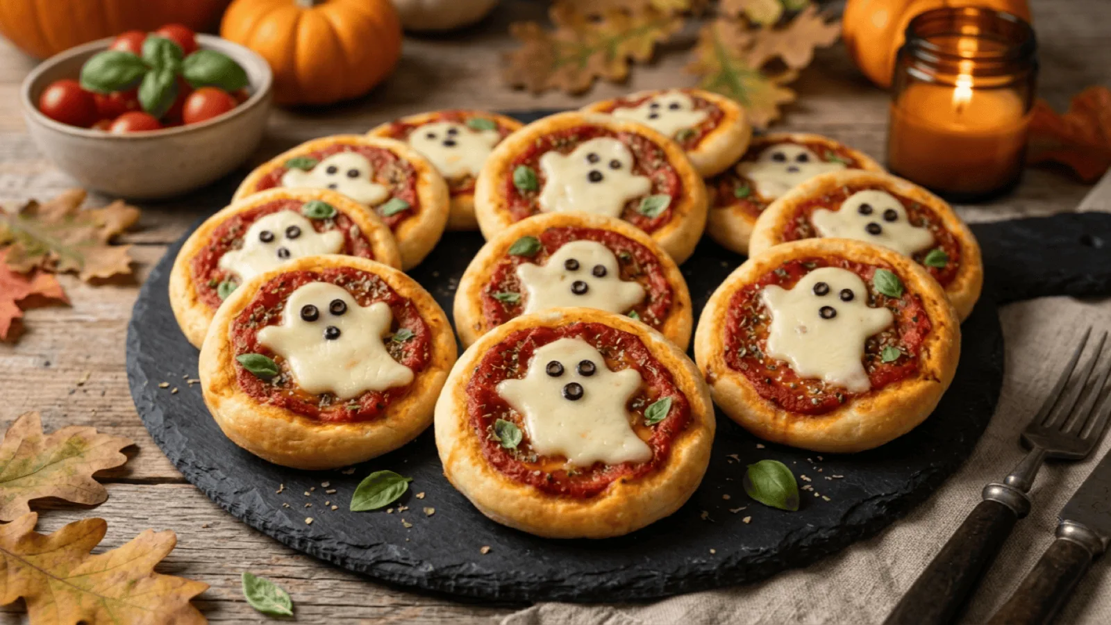 Mini-pizzas fantômes sur une planche en ardoise : sauce tomate, fantômes en mozzarella fondue avec yeux en olive noire, petites citrouilles et bougie