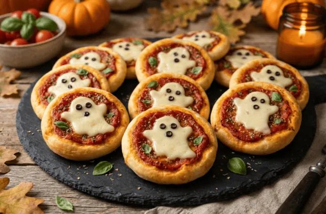 Mini-pizzas fantômes sur une planche en ardoise : sauce tomate, fantômes en mozzarella fondue avec yeux en olive noire, petites citrouilles et bougie