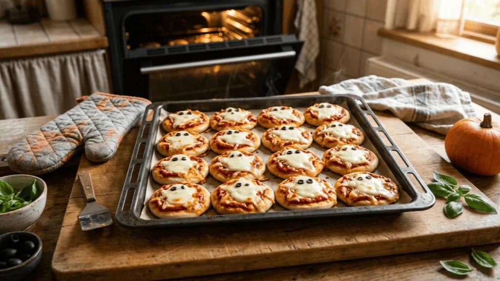 Plaque de mini-pizzas fantômes maison tout juste sorties du four, gant de cuisine, basilic et olives noires